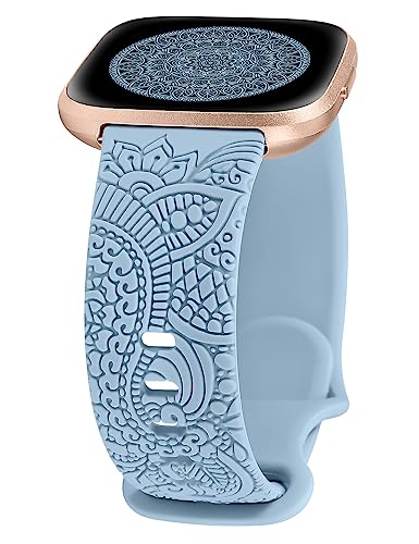 TOYOUTHS Boho Floral Engraved Band Compatible with Fitbit Versa 2/Versa/Versa Lite/Versa SE Bands, Women Sport Silicone Flower Pattern Fancy Cute Stylish Summer Strap for Fitbit Versa, Light Blue