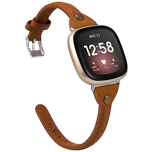 Minyee Compatible with Fitbit Versa 3/Fitbit Sense Band for Women and Men, Slim & Thin Leather Straps Bracelet Wristband for Fitbit Versa 3/ Fitbit Sense Smartwatch (Deep Brown)