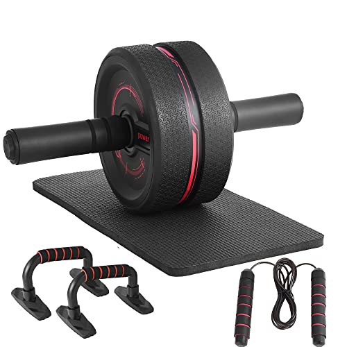 Omecon Ab Roller Wheel Kit, Roller Wheel for Abs Workout with Push-up Bars, Knee Mat, Jump Rope, Home Gym Exercise Equipment for Strength Training, Red