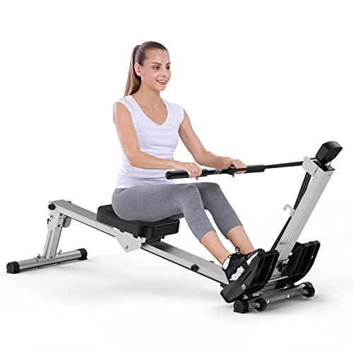 Rowing Machine for Home Use, Foldable Rowing Machine with Adjustable Resistance, LCD Monitor, Comfortable Seat Cushion and Anti-Slip Foot Pedals