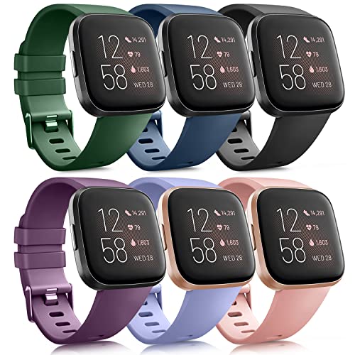 6 Pack Sport Bands Compatible with Fitbit Versa 2 / Fitbit Versa/Versa Lite/Versa SE, Classic Soft Silicone Replacement Wristbands (Large, Olive Green/Blue/Black/Purple/Lavender/Peach)