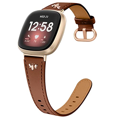 Shesyuki Fitbit Versa Bands, Leather Bands with Clasp Charm For Fitbit Versa 3 Versa 4,Sense and Sense 2, Luxury Fashion Elements Soft Leather Band for Women Men, (Brown Band+ Slivery Charm)