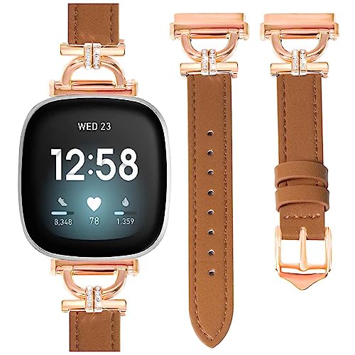 HAYONLIY Leather Bands Compatible for Fitbit Sense 2/Fitbit Versa 4, Fitbit Sense/Fitbit Versa 3, Slim Dressy Replacement Band, D-Shape Strap Diamond Wristband for Women(Brown/Rose Gold)
