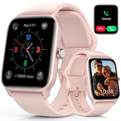 Quican Bluetooth Smart Watch for Men Women, iPhone Android Phone Compatible, Waterproof Fitness Tracker Smartwatch with Call and Text, Alexa Voice, Heart Rate, Blood Oxygen, Sleep Monitor 1.8″ (Pink)