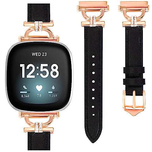 HAYONLIY Leather Bands Compatible for Fitbit Sense 2/Fitbit Versa 4, Fitbit Sense/Fitbit Versa 3, Slim Dressy Replacement Band, D-Shape Strap Diamond Wristband for Women(Black/Rose Gold)