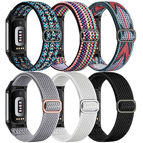 Maledan Compatible with Fitbit Charge 5 Bands for Women Men, 6 Pack Adjustable Elastic Nylon Wristband Flexible Cute Braided Solo Loop Sport Replacement Watch Band for Fitbit Charge 5 Tracker Fitness