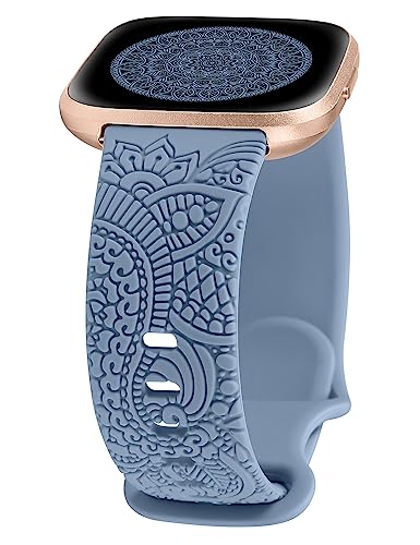 TOYOUTHS Boho Floral Engraved Band Compatible with Fitbit Versa 2/Versa/Versa Lite/Versa SE Bands, Women Sport Silicone Flower Pattern Fancy Cute Stylish Summer Strap for Fitbit Versa, Blue
