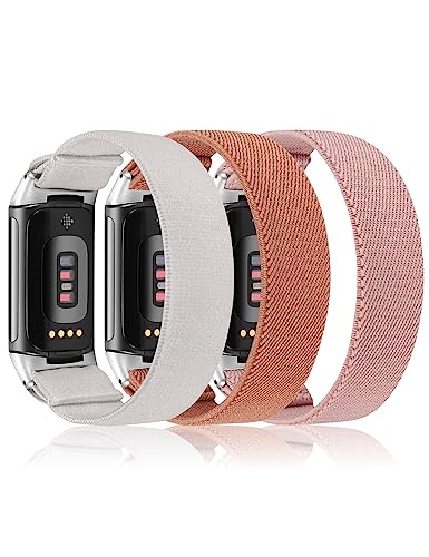 Minyee 3 Packs Elastic Band Compatible with Fitbit Charge 5 Bands for Women Men, Stretchy Woven Soft Nylon Sport Breathable Wristband Replacement Strap for Charge 5 Advanced Fitness Tracker (Starlight/Brown/Pink Grey, S)