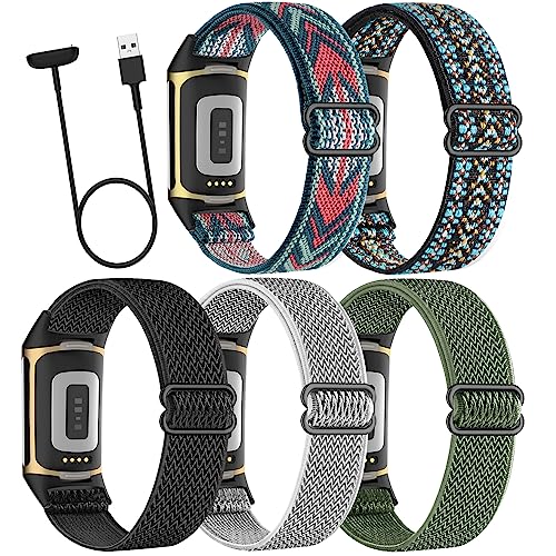 Folavii 5 Pack Stretchy Nylon Compatible with Fitbit Charge 5 Bands for Women Men, Elastic Adjustable Straps Sport Replacement Wristbands for Fitbit Charge 5 Fitness Tracker