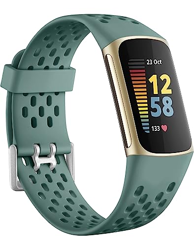 Getino Compatible with Fitbit Charge 5 Bands for Women Men, Soft Breathable Comfortable Replacement Sport Strap Adjustable Wristbands for Fitbit Charge 5 Advanced Fitness Tracker, Pine Green