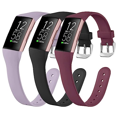 SENGKOB 3 PACK Bands for Fitbit Charge 3/Fitbit Charge 4，Soft Silicone Adjustable Sport Band Replacement Wristbands for Fitbit Charge 4/Fitbit Charge 3 Fitness Tracker,Small(Black+Lavender+Wine Red)