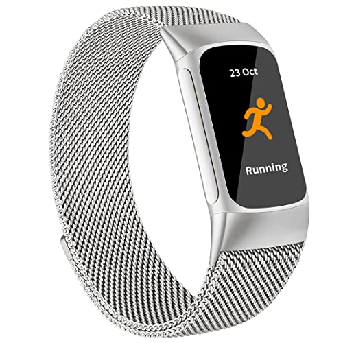 Msksjer Compatible with Fitbit Charge 5 Bands Women Men, Adjustable Magnetic Clasp Replacement Strap for Fibit Charge 5 Fitness Health Tracker, Metal Stainless Steel Mesh Loop Silver