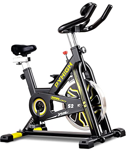 PYHIGH Indoor Cycling Bike Stationary Exercise Bike, Excersize Bike Comfortable Seat Cushion, Belt Drive, Ipad Holder with LCD Monitor for Home Cardio Workout Fitness Machine (Yellow)