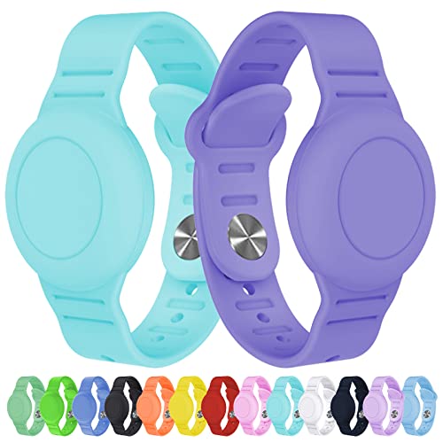 2 Pack Waterproof AirTag Bracelet for Kids, Hidden Silicone Wristband for AirTag, GPS Tracker Case for Air Tag Holder Strap Watch Band for Child Toddler,Secure Anti-Loss Protection(Mint Green Violet)