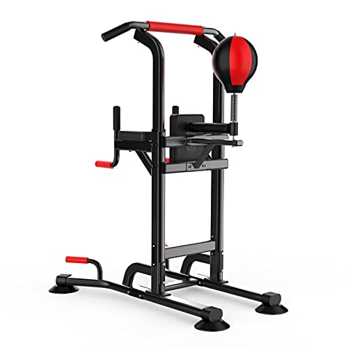 Workout Pull Up Bar Height Adjustable Power Tower Dip Station Home Gym Fitness Equipment Strength Training with Speed Punching Bag Boxing Ball