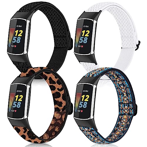 BOTNUW 4 Pack Elastic Bands Compatible with Fitbit Charge 5 Wristbands Fitness Smart Watch, Soft Loop Nylon Adjustable Breathable Stretchy Replacement Straps for Fitbit Charge 5 Bands Women Men (Black + White + Leopard + Percy green)