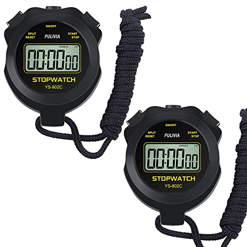 Digital Stopwatch Timer Only Stopwatch with ON/Off, NO Bell No Whistle Silent Basic Operation Children Friendly, PULIVIA Sport Stopwatch for Coaches Kids Swimming Running, 2 Pack Black