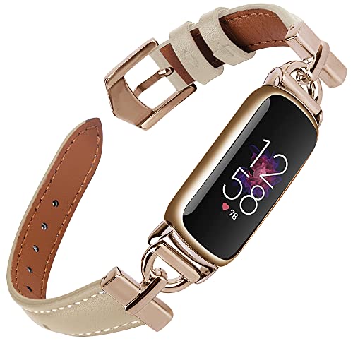 Unique D-shape Metal Buckle Bands Compatible with Fitbit Luxe Bands for Women Top Grain Leather Strap Compatible for Fitbit Luxe/Fitbit Luxe Special Edition Fitness Tracker (Rose Gold/Beige)