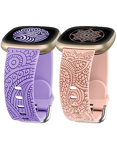 SLICKA 2Packs Floral Engraved Bands Compatible with Fitbit Versa 4/Versa 3/Sense 2/Sense Watch Bands Women Men Silicone Waterproof Sport Strap Dressy Boho Pattern for Versa 3/4, Purple+Pink