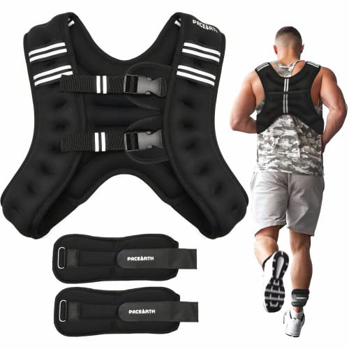 PACEARTH Sport Weighted Vest Workout Equipment with Ankle/Wrist Weights 12 lbs Body Weight Reflective Stripe, Size-Adjustable for Training, Walking, Jogging, Running Men Women Black (PE321092302)