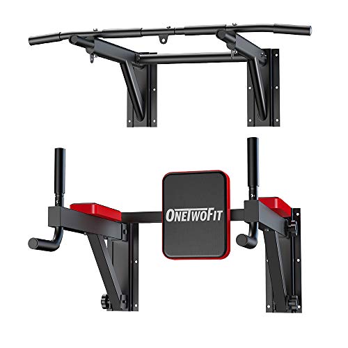 ONETWOFIT Wall Mounted Pull Up Bar Multifunctional Chin Up Bar Power Tower Exercise Bar Set for Indoor Home Gym Workout Strength Training Equipment Fitness Dip Stand Maximum Weight 330 Lbs