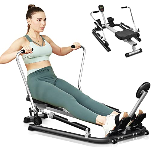 ANCHEER Rowing Machines for Home Use, Hydraulic Rowing Machine Foldable with 12 Resistance Levels & Upgraded LCD Monitor, Rower with Comfortable Seat Cushion for Full Body Exercise Cardio (Black)