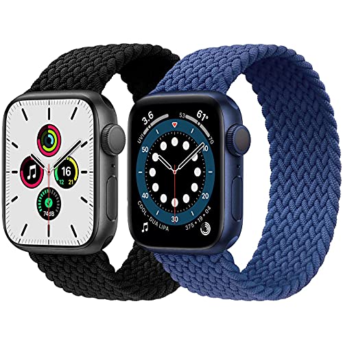 2-Pack Solo Loop Strap Compatible with Apple Watch Band 42mm 44mm 45mm 49mm,No Clasps No Buckles Stretchable Braided Sport Elastics Replacement Wristband for iWatch Ultra Series 8/7/6/5/3,SE,BK&BU,S