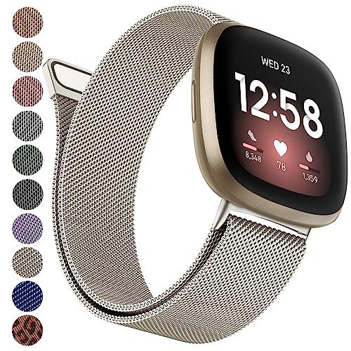 YILED Metal Bands Compatible with Fitbit Versa 3/Versa 4/Fitbit Sense/Sense 2 for Women Men, Stainless Steel Mesh Breathable Wristband Strap with Adjustable Magnet Lock (Small, Starlight)