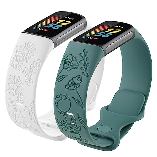 Flower Engraved Bands Compatible with Fitbit Charge 5 Bands for Women, Cute Floral Engraving Soft Silicone Sport Strap Replacement Wristband for Fitbit Charge 5 Fitness Tracker (White/PineGreen)