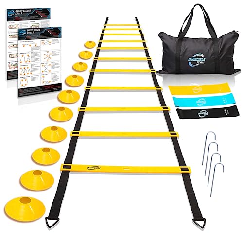 Invincible Fitness Agility Ladder Training Equipment Set Improves Coordination Speed Power and Strength Includes 10 Cones 4 Hooks and 3 Loop Resistance Bands for Outdoor Workout (Yellow Basic)