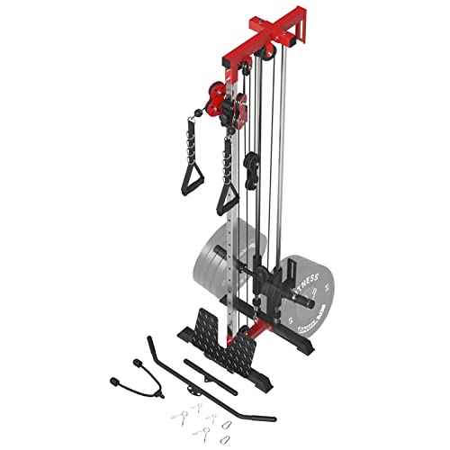 ER KANG Cable Station Wall Mount, 18 Height Pulley Tower, Dual Pulley System, High and Low Cable Machine, LAT Pull-Down & LAT Row LAT Tower with Flip-Up Footplate, Home Gym Cable Crossover(Red)