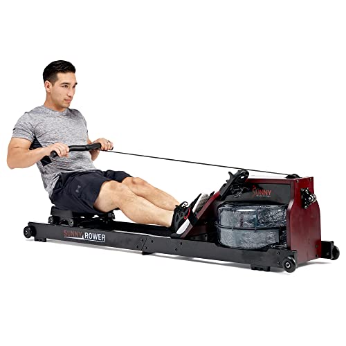 Sunny Health & Fitness Foldable Wooden Water Rowing Machine with Sustainable Rubberwood, Ergonomic Handle & Exclusive SunnyFit® App Enhanced Bluetooth Connectivity – SF-RW522074