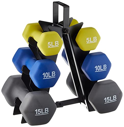 Amazon Basics Neoprene Coated Hexagon Workout Dumbbell Color Coded Hand Weight with Storage Rack, 60 Pounds (3 Pairs of 5, 10, and 15 Pounds), Green/Blue/Grey