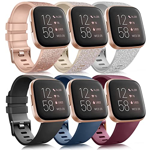 6 Pack Sport Bands Compatible with Fitbit Versa 2 / Fitbit Versa / Versa Lite / Versa SE, Classic Soft Silicone Replacement Wristbands (Large, Glistening Rose Gold/Glistening Champagne Gold/Glistening Silver/Black/Blue/Wine Red)