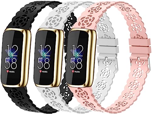 Nigaee 3 Pack Adjustable Elastic Bands & Lace Silicone Bands Compatible with Fitbit Luxe, Nylon Stretchy Sport Bands, Replacement Soft Breathable Fabric Straps & Slim Silicone Wristbands for Fitbit Luxe Fitness and Wellness Tracker Women Men