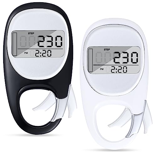 Geiserailie 2 Pcs Simple 3D Step Counter Walking Pedometer Walking Step Tracker Pocket Step Counter for Walking with Ring for Kids Teens Men Women Adults Seniors, Black and White