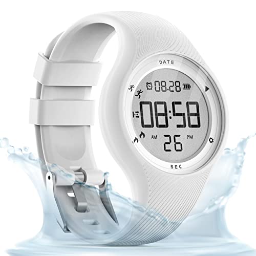 synwee Kids Digital Pedometer Watch, Step Counting Watch, IP68 Waterproof, Date/Alarm Clock/Timer, for Children Teens Boys Girls Women (White)