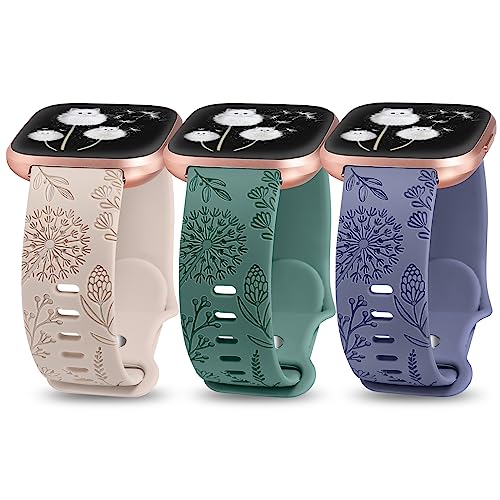 Minyee 3 Packs Floral Engraved Band Compatible with Fitbit Versa 2/Fitbit Versa/Versa Lite Bands Women, Cute Soft Silicone Dandelion Flower Pattern Sport Designer Fancy Summer Strap for Versa SE