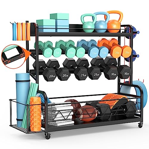 XL Dumbbell Rack Weight Stand – Bonvork Adjustable Weight Rack for Dumbbells, Home Gym Storage Rack for Kettlebell, Balls,Yoga Mat Storage Holder, Workout Equipment Storage Organizer With Wheels