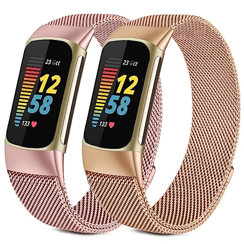 Afoskce 2 Pack Metal Band Compatible with Fitbit Charge 5 Band for Women Men, Magnetic Clasp Stainless Steel Mesh Loops Adjustable Metal Straps Replacement for Fitbit Charge 5,Rose Gold + Rose Powder