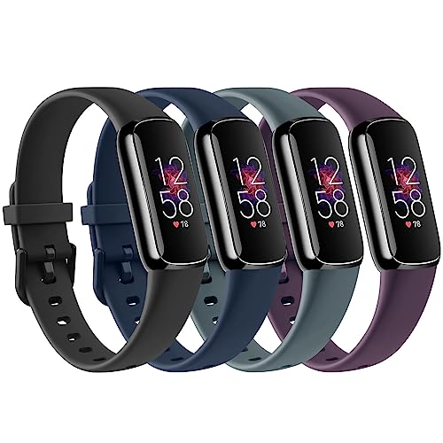 4 PACK Sport Bands Compatible with Fitbit Luxe Bands for Women Men, Soft Silicone Replacement Sport Straps Wristbands for Fitbit Luxe Fitness and Wellness Tracker (Black/Rock Blue/Abyss Blue/Dark Purple,Large)
