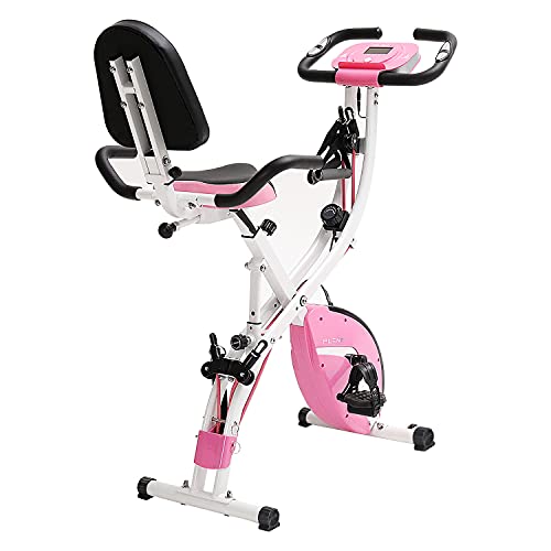 PLENY Folding Exercise Stationary Bike Workout, 3-In-1 Folding Indoor Cycling Exercise Bike, Magnetic Upright Workout Bike with Arm Exercise Resistance Bands and Ankle Strap for Home Gym