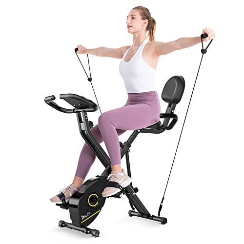 Doufit Folding Exercise Bikes, Stationary Exercise Bike for Home with Arm Resistance Band and Backrest,330 LB Capacity Indoor Cycling Bike 3 in 1 Fitness Bike with Pulse Sensor Workout Bike for Men Women and Seniors