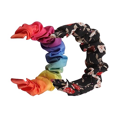 Replacement Scrunchie Bands for Fitbit Charge 4/3/3 SE Women Girls – Elastic Soft Stretchy Cute Fabric Printed Pattern Bracelet Wristband – Replacement Strap (Scrunchie) (Large, (Black)Red Flowers&Rainbow)