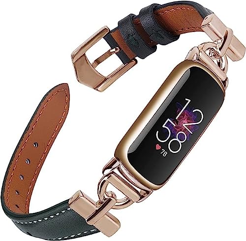 Unique D-shape Metal Buckle Bands Compatible with Fitbit Luxe Bands for Women Top Grain Leather Strap Compatible for Fitbit Luxe/Fitbit Luxe Special Edition Fitness Tracker (Rose Gold/Green)