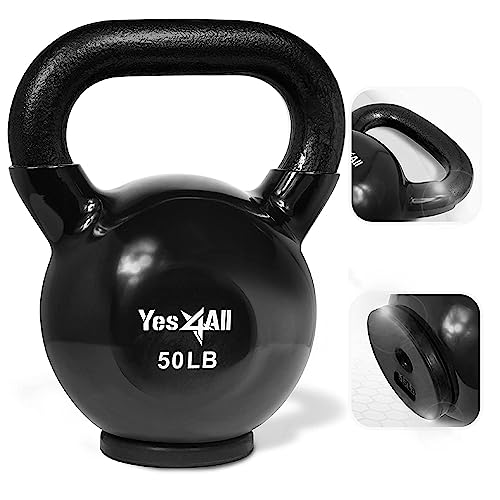 Yes4All Vinyl Coated Kettlebell With Protective Rubber Base, Strength Training Kettlebells for Weightlifting, Conditioning, Strength & Core Training (50LB – Black)