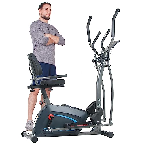 Body Champ 3 in 1 Trio Trainer Elliptical Recumbent Upright Exercise Machine Low-Impact Smooth Stride Motion Integrated Pulse Sensors Digital Monitoring Console LCD Display Media Holder BRT2885