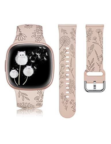 Minyee Floral Engraved Band Compatible with Fitbit Versa 4/Versa 3/Sense 2/Sense Band Women, Cute Soft Silicone Dandelion Flower Pattern Sport Designer Fancy Summer Strap for Versa 4 (Walnut)
