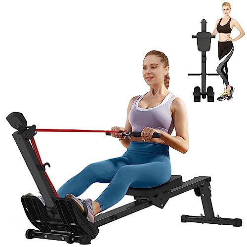 Rowing Machine Foldable, Fitness Rower Machine Cardio Training Adjustable Elastic Portable Compact Rower for Home Use Strength Equipment LCD Display Loading 300 LBS