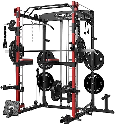 Mikolo Smith Machine, 2000LBS Multifunctional Squat Rack with LAT Pull Down System&Cable Crossover Machine for Home Gym, Power Cage with Dip/Leg Raise Attachments, Free Handles, Band Pegs（Red）
